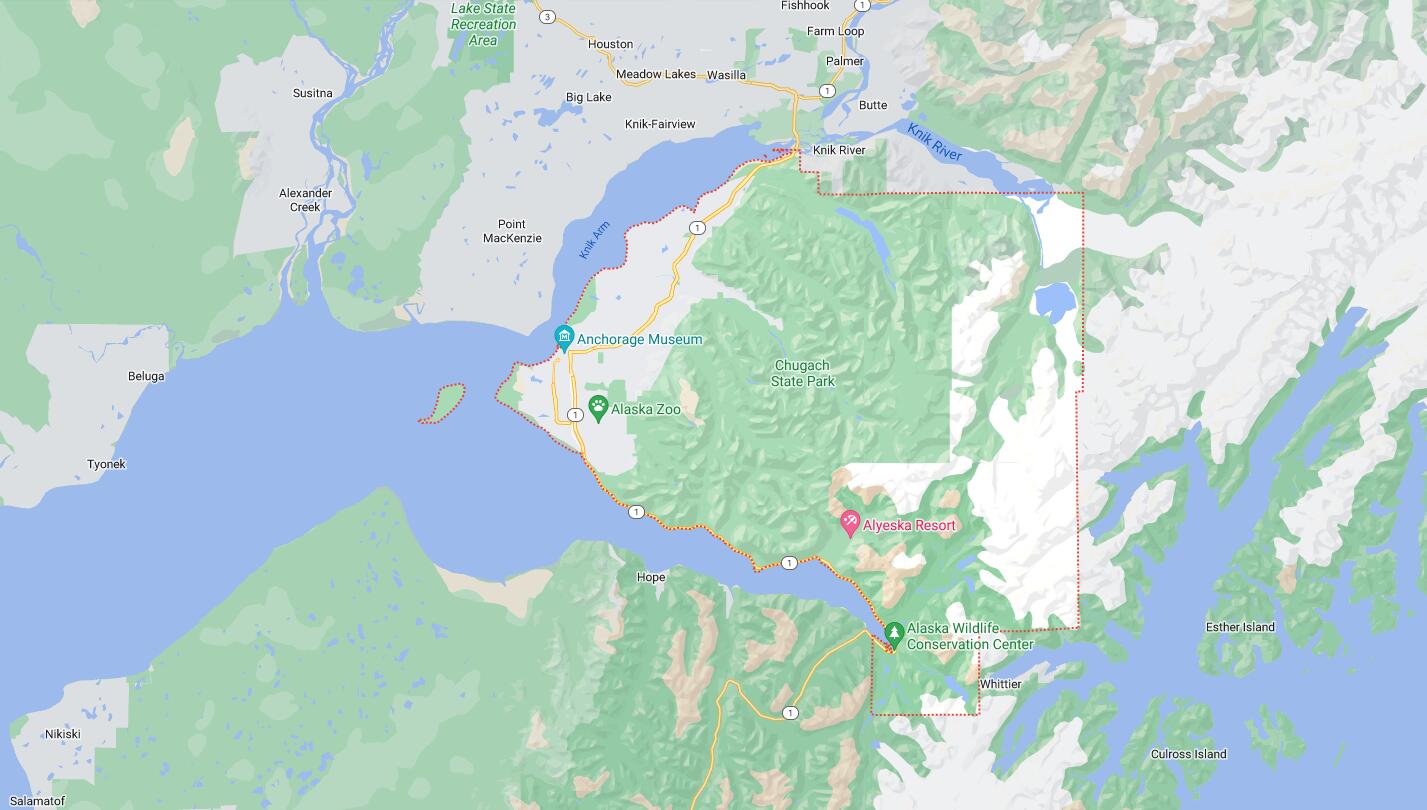 Map of Cities in Anchorage Boroug, AK